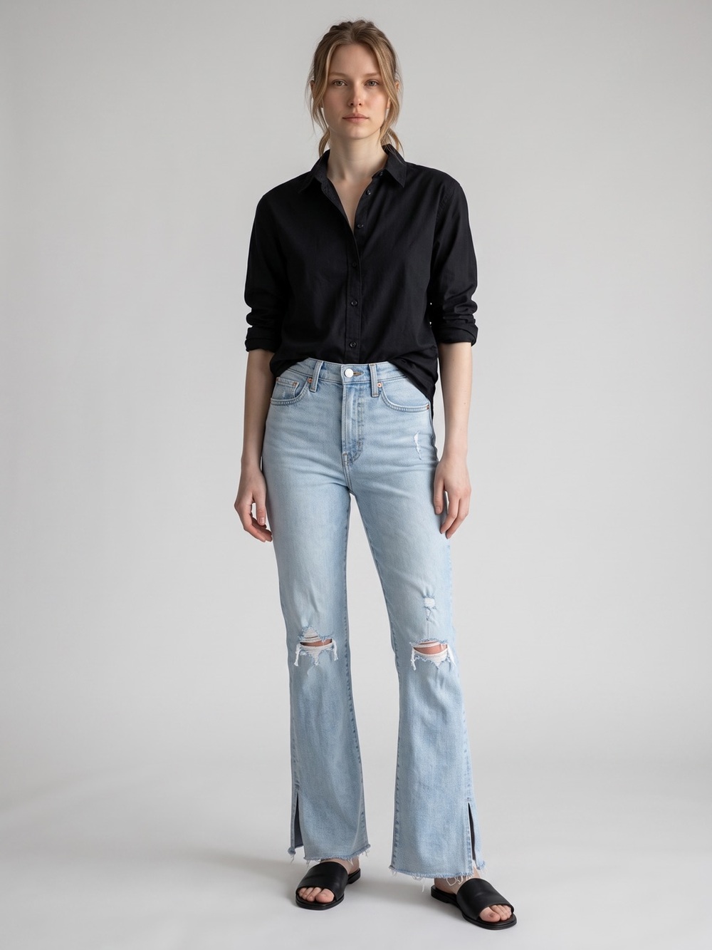 GAP 70s Flare High Rise Jeans Size 26/2 Long Light Wash Destructed Split Hem